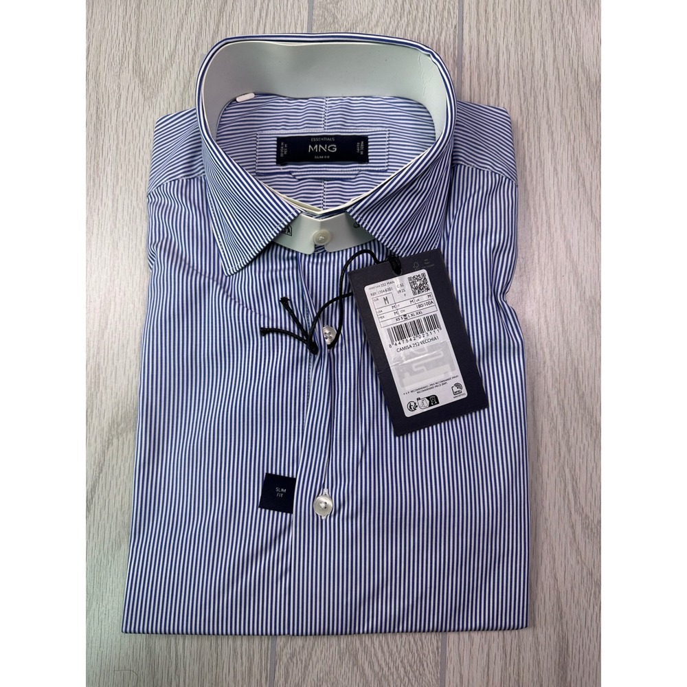 Mango Essentials MNG Mens Slim Fit Striped Button Down Shirt Blue White 17046001 - Picture 2 of 6